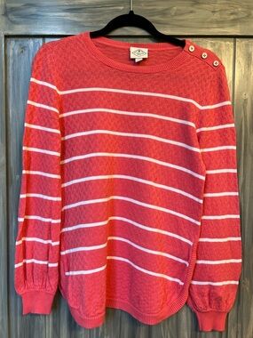 St John’s Bay Size S Striped Button-Shoulder Women's Sweater in Coral and White